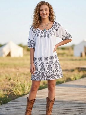 Ellison White Dress with Black Embroidered Trim